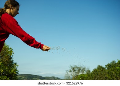 Farmer Woman Spreading Oat Seeds