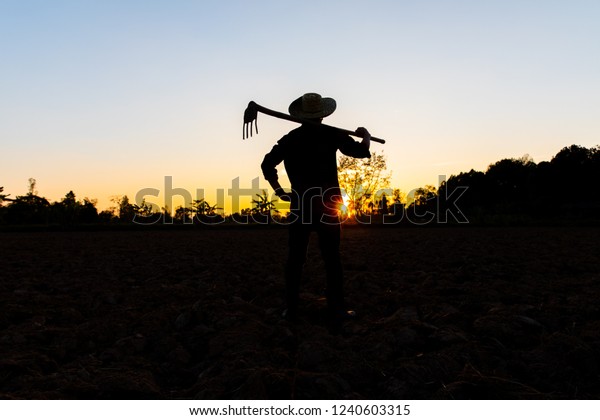 Farmer Working On Field Sunset Outdoor Stock Photo (Edit Now) 1240603315