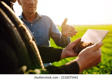 Farmers discuss agricultural issues on young wheat in the field. Farmers with tablet in the field. Smart farm. Agriculture, gardening or ecology concept. - Powered by Shutterstock