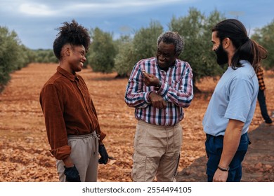 Farmers examining olives during harvest time in an olive grove, discussing the quality of the crop - Powered by Shutterstock