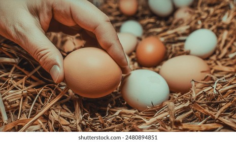 Farmer's Hand Picking Egg from Hay - Powered by Shutterstock