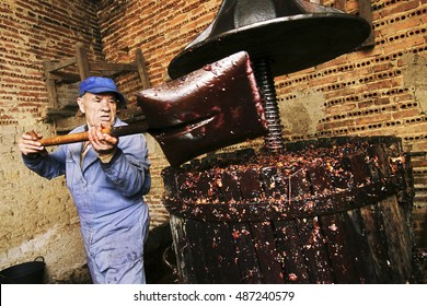 farmers making wine of grape  in traditional winepress  in  Villarejo de Orbigo, Leon , Spain , slow sync flash