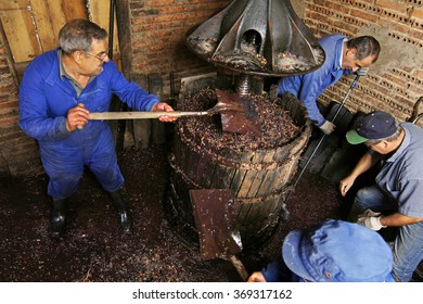 farmers making wine of grape  , winemakers ,  in traditional winepress  in  Villarejo de Orbigo, Leon , Spain ; slow shutter  speed with flash