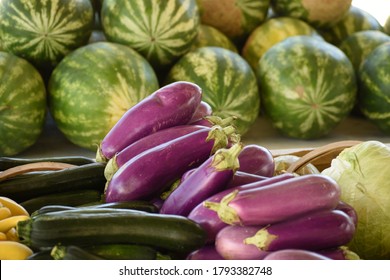 Farmers Market Lavendar Eggplants, Colorful Green Watermelons.