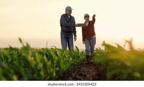 Farmers work in cornfield using digital tablet. Farmer points to field with hand. Teamwork in agribusiness. Man, woman, field, tablet computer. Concept using modern technologies agricultural business - Powered by Shutterstock