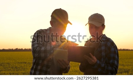 Farmers working together, checking documents in wheat field. Serious conversation about harvest, finances, or land use. Rural business meeting, agricultural decision-making, teamwork in farming.