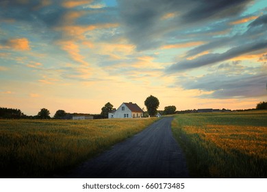 Farmhouse Among Fields In Poland; 