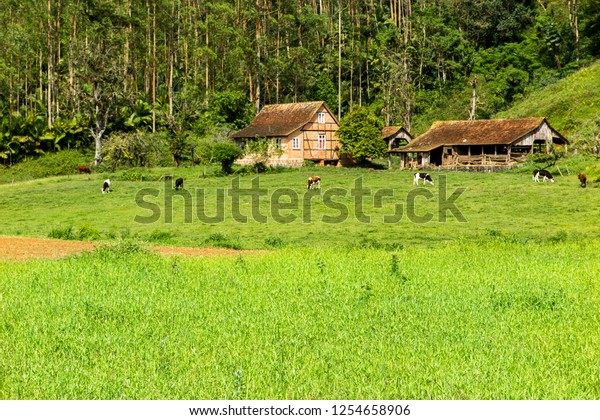 Farmhouse Halftimbered Style Barn Next Door Stock Photo