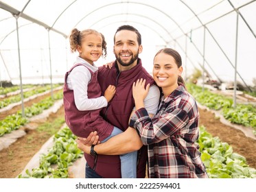 Farming, Agriculture And Happy Family Together For Sustainability, Small Business And Healthy Lifestyle. Happy Agro Farmer Man, Woman And Child Learning Ecology On Sustainable Farm Or Greenhouse