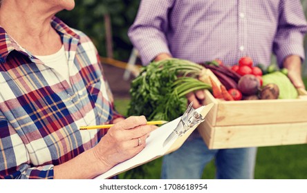 Farming, Gardening, Harvesting, Agriculture And People Concept - Senior Couple With Box Of Vegetables And Clipboard At Farm Or Garden