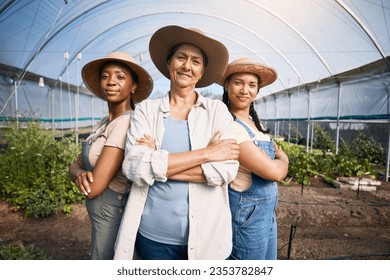 Farming, portrait of group of women with confidence in greenhouse and sustainable small business in agriculture. Happy farmer team at vegetable farm, agro growth diversity and eco friendly plants. - Powered by Shutterstock