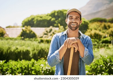 Farming, spade and portrait of man or farmer in agriculture, sustainable garden or small business owner in field. Farm, land and face of happy person with plants, eco friendly and agro sustainability - Powered by Shutterstock