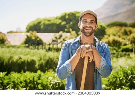 Farming, spade and portrait of man or farmer in agriculture, sustainable garden or small business owner in field. Farm, land and face of happy person with plants, eco friendly and agro sustainability