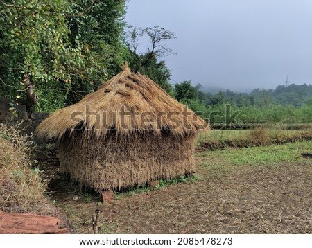 Farmland cabin with straw bale or hey stack. , Outdoor tiki hut, beach hut bar, hay thatch hut, tribal hut, straw beach bar, tropical house.