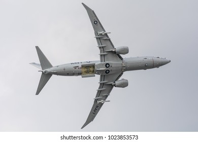 FARNBOROUGH, ENGLAND - JULY 8 2014: Overflying Of P8-A Poseidon Displaying At The Farnborough International Airshow With Bombay Opening