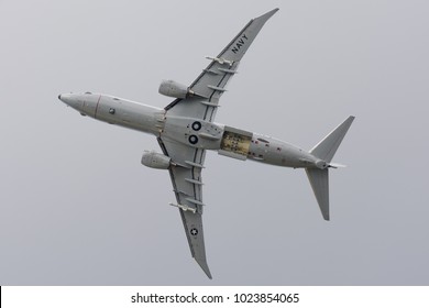 FARNBOROUGH, ENGLAND - JULY 8 2014: Overflying Of P8-A Poseidon Displaying At The Farnborough International Airshow With Bombay Opening