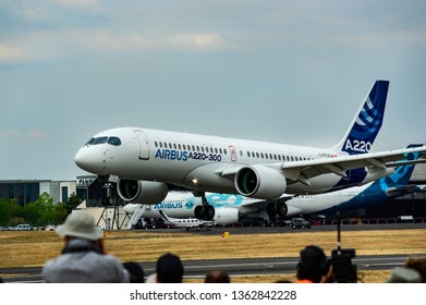 Farnborough, Hamphire, UK - July 2018: Airbus A220-300 Taking Off At Farnborough Air Show 2018