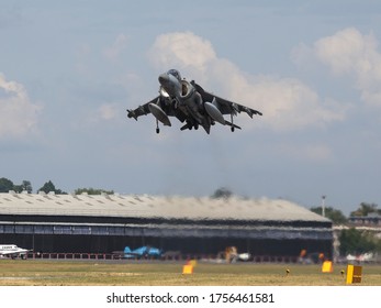 Farnborough - July 19, 2014: 
A McDonnell Douglas AV-8B Harrier II (EAV-8B Matador II) Performing A Vertical Takeoff