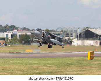 Farnborough - July 19, 2014: 
A McDonnell Douglas AV-8B Harrier II (EAV-8B Matador II) Performing A Vertical Takeoff