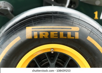 FARNBOROUGH, UK - JULY 15: Closeup Of A Pirelli Tyre Attached To A Caterham Formula 1 Race Car On Static Display At The Farnborough Airshow, UK On July 15, 2012