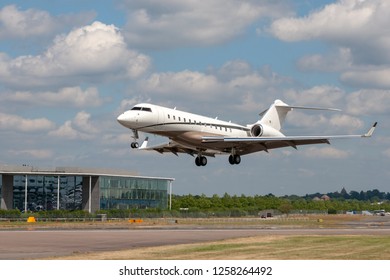 Farnborough, UK - July 17, 2014: Bombardier Global Express XRS (BD-700-1A10) Long Range Luxury Business Jet Aircraft LX-FLY.