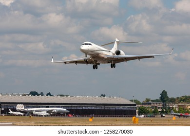 Farnborough, UK - July 17, 2014: Bombardier Global Express XRS (BD-700-1A10) Long Range Luxury Business Jet Aircraft LX-FLY.