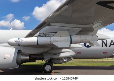 Farnborough, UK - July 17, 2014: Boeing (McDonnell Douglas) AGM-84 Harpoon Anti Ship Missile. The CATM-84D Is A Captive-carry Training Missile. 
