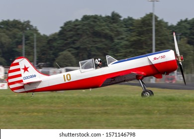 Farnborough, UK - July 19, 2014:  Yakovlev Yak-50 Aircraft G-BTZB from the Aerostars Aerobatic display team. 