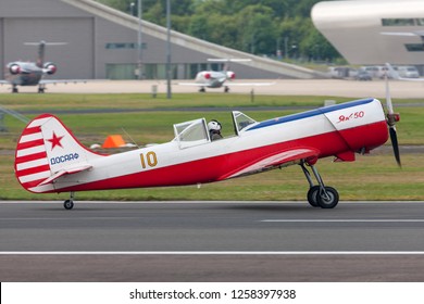 Farnborough, UK - July 20, 2014: Yakovlev Yak-50 Aircraft G-BTZB from the Aerostars Aerobatic display team. 
