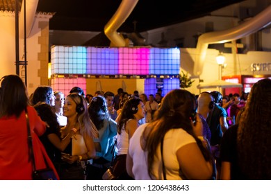 FARO, PORTUGAL: 30th AUGUST, 2018 - Audience Enjoying Music In Headphones On Festival F, A Silent Disco Concept.