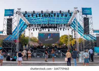 FARO, PORTUGAL: 7th SEPTEMBER, 2019 - Close View Of Music Concert Festival Stage.