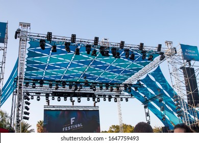 FARO, PORTUGAL: 7th SEPTEMBER, 2019 - Close View Of Music Concert Festival Stage.