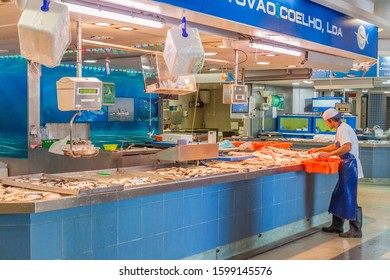 FARO, PORTUGAL - OCTOBER 5, 2017: Fish stalls at Faro Municipal Market (Mercado Municipal de Faro) in Faro, Portugal.
