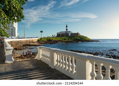 Farol da Barra Lighthouse at Salvador on a sunny summer day. Historic architecture of Salvador, Brazil