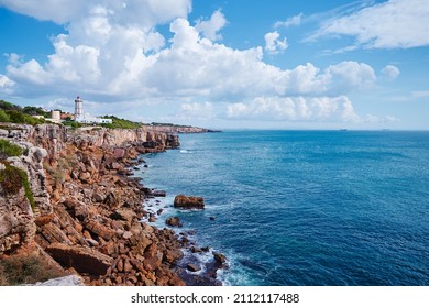Farol da Guia Lighthouse. Beautiful landscape. Atlantic ocean rock shore, Portugal.
