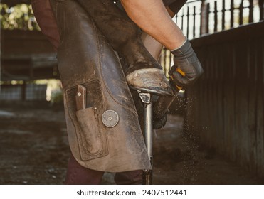 A farrier gives the horse's hoof a final polish after shoeing. - Powered by Shutterstock