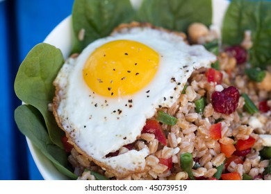 Farro Bowl With
Feta, Chickpeas, Green Beans, Red Peppers,cranberries, Spinach,walnuts,fried Egg And Honey-lemon Vinaigrette