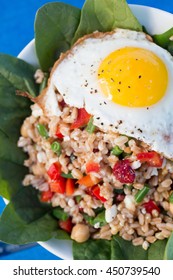 Farro Bowl With
Feta, Chickpeas, Green Beans, Red Peppers,cranberries, Spinach,walnuts,fried Egg And Honey-lemon Vinaigrette