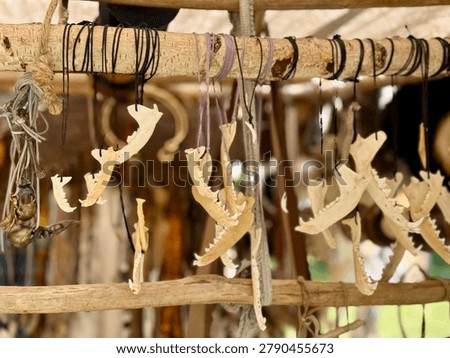A fascinating close-up shot capturing a collection of handmade bone necklaces hanging from a rustic wooden branch. The image highlights several animal jawbones complete with sharp teeth, suspended by black and purple cords at a traditional craft market stall, with a soft blurred background.