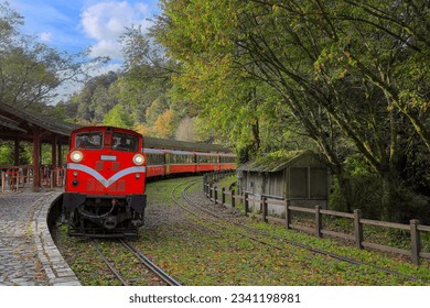 Fascinating forest train passing by station at the Alishan National Forest Recreation Area on Dueigaoyue Station.Scenic tree view , Attractive arc track in Alishan,Taiwan.For branding, screensaver.