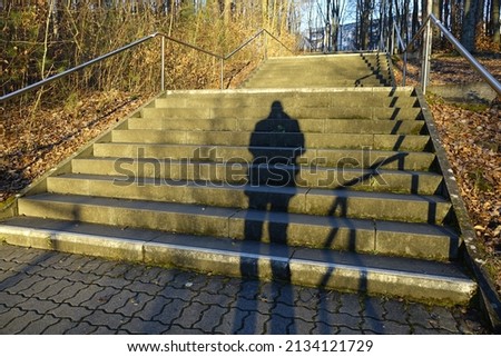 Fascinating light and shadow play, mixed forest with colourful foliage, steep concrete stairs, shadow cast of me as photographer, deep winter sun, concept: challenge, obstacle (horizontal)