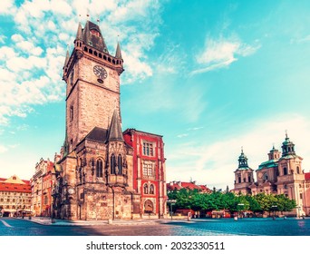 Fascinating Magical Beautiful Landscape On The Central Square Of Prague, Czech Republic With Clock Tower. Amazing Places. Popular Tourist Atraction