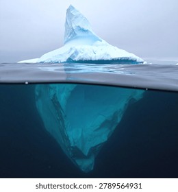 Fascinating split level perspective capturing a floating arctic iceberg revealing its massive solid blue frozen underwater volume hidden beneath the dark calm ocean surface
