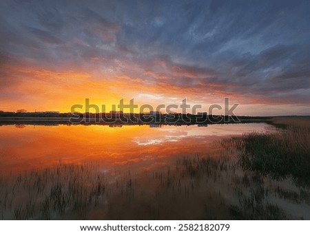 Similar – Image, Stock Photo A tranquil evening scene with typical Dutch houses and a windmill reflected in the calm waters of Zaanse Schans