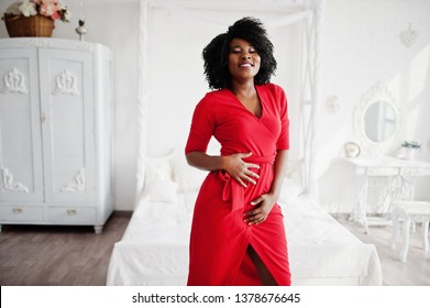 Fashion African American Model In Red Beauty Dress, Sexy Woman Posing Evening Gown In White Vintage Room.