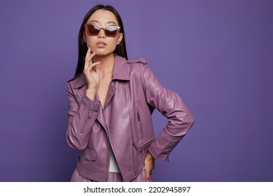 Fashion asian female model. Lilac leather jacket,  Asian fashion