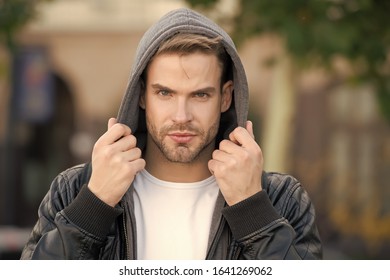 Fashion For Autumn Chill. Handsome Man Wear Hooded Fashion Jacket. Young Guy In Autumn Style Outdoor. Mens Fashion Trends And Seasonal Style. Fashion Wardrobe For Fall.