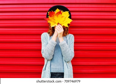 Fashion autumn portrait woman covering her face with yellow maple leaves on a red background
