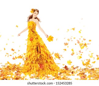 Fashion Autumn Woman, Fall Leaves Dress, Beauty Girl Model In Blowing Gown