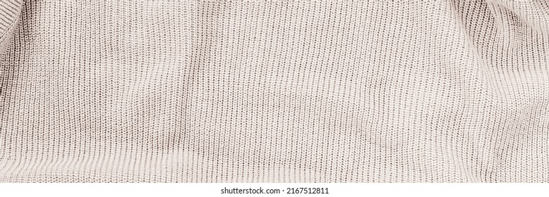 Fashion Background. Fine Knit Draped Cloth Texture. Beige Knitted Fabric Backdrop. Jersey Scarf Knit Backdrop. Warm Winter Sweater. Banner.